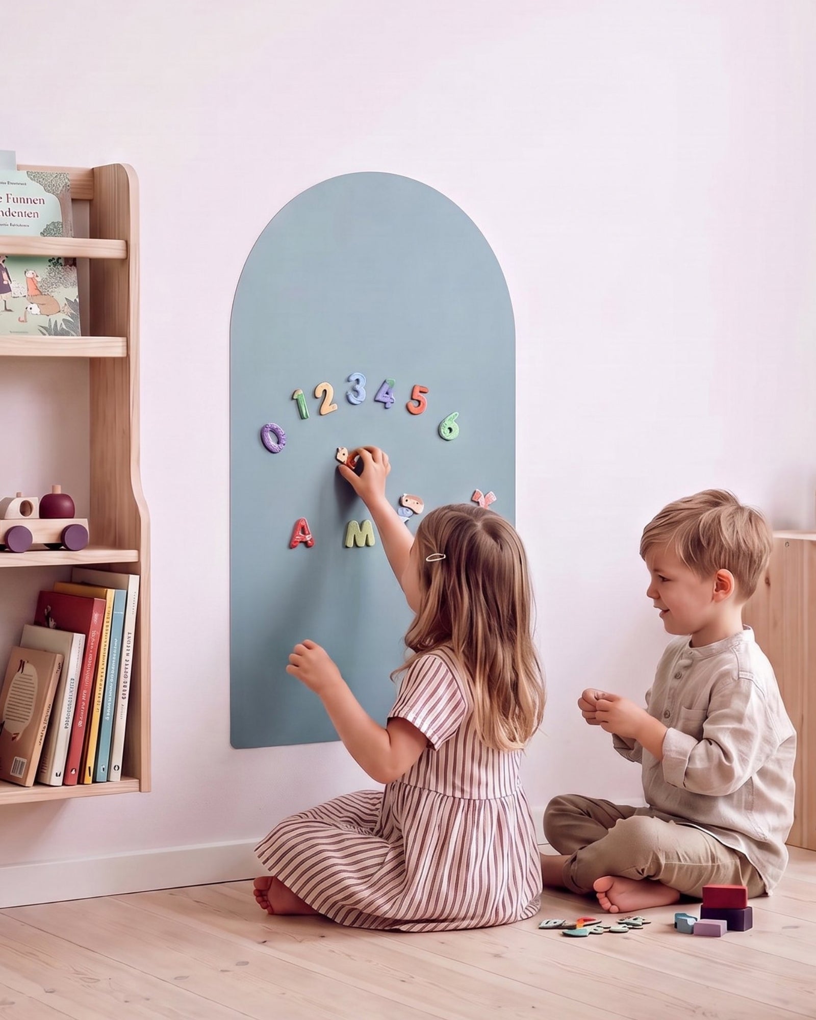 Meisje en jongen spelen met cijfer- en lettermagneten op de MagneetBoog+ in Golfschuim (blauw) bij boekenplank op kinderkamer