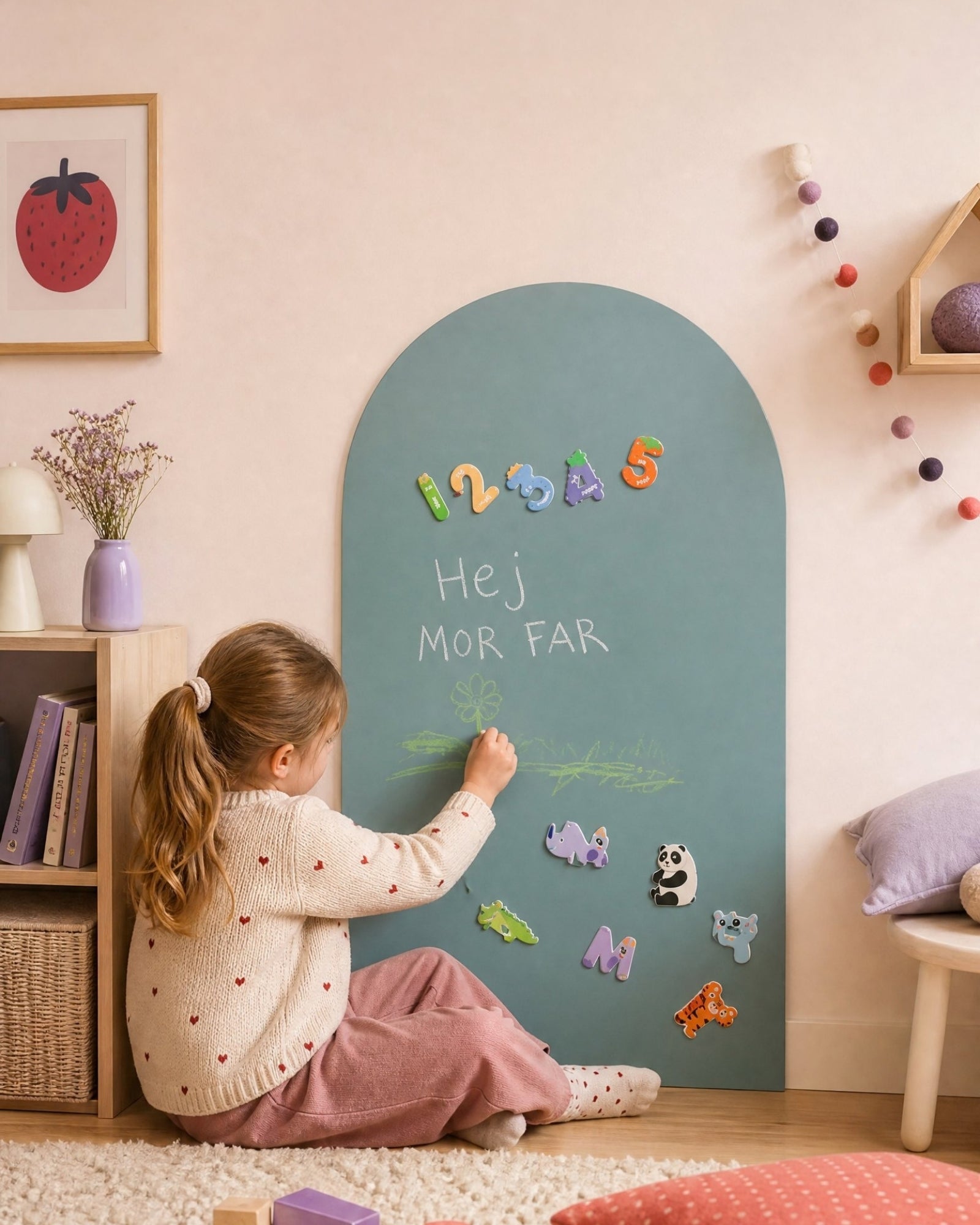 Meisje tekent met krijt op de MagneetBoog+ in Golfschuim (blauw) met krijttekst "Hallo mama papa", cijfer- en dierenmagneten