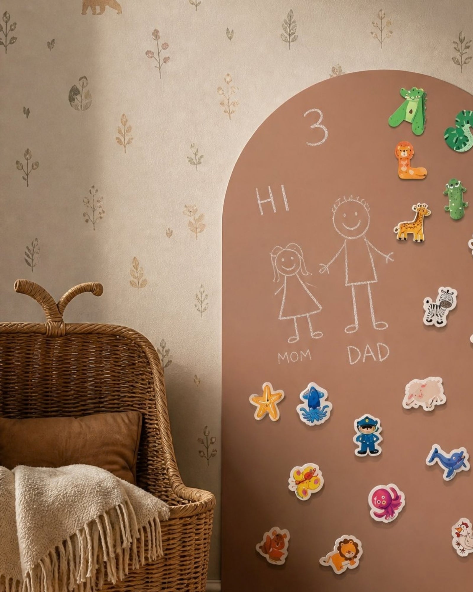 MagneetBoog+ in Krammefarve (lerfarve) met krijttekening van familie en letter- en dierenmagneten