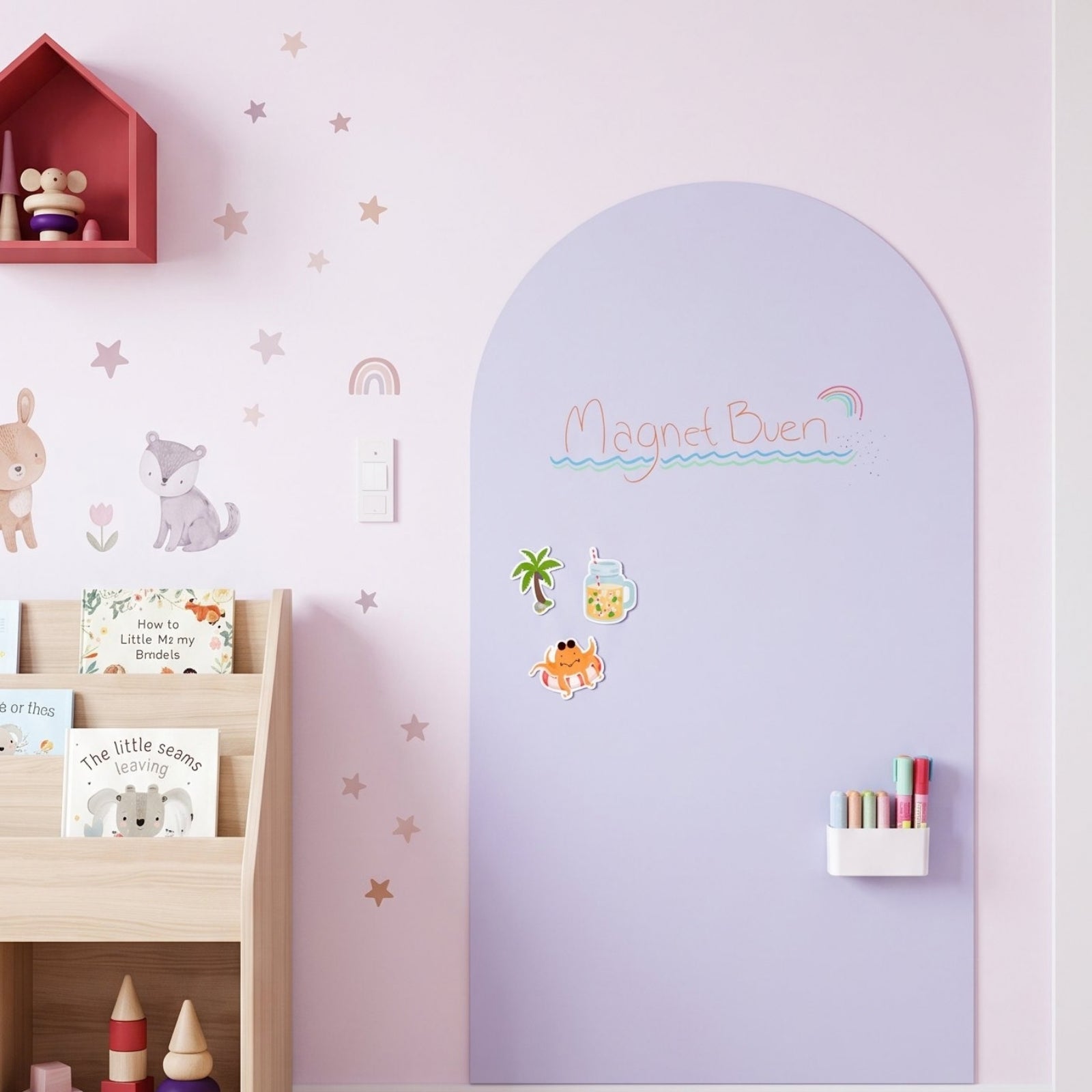 MagneetBoog+ in LavendelDrøm (lichtpaars) met tekening, zomermagneten en magnetische houder met markers