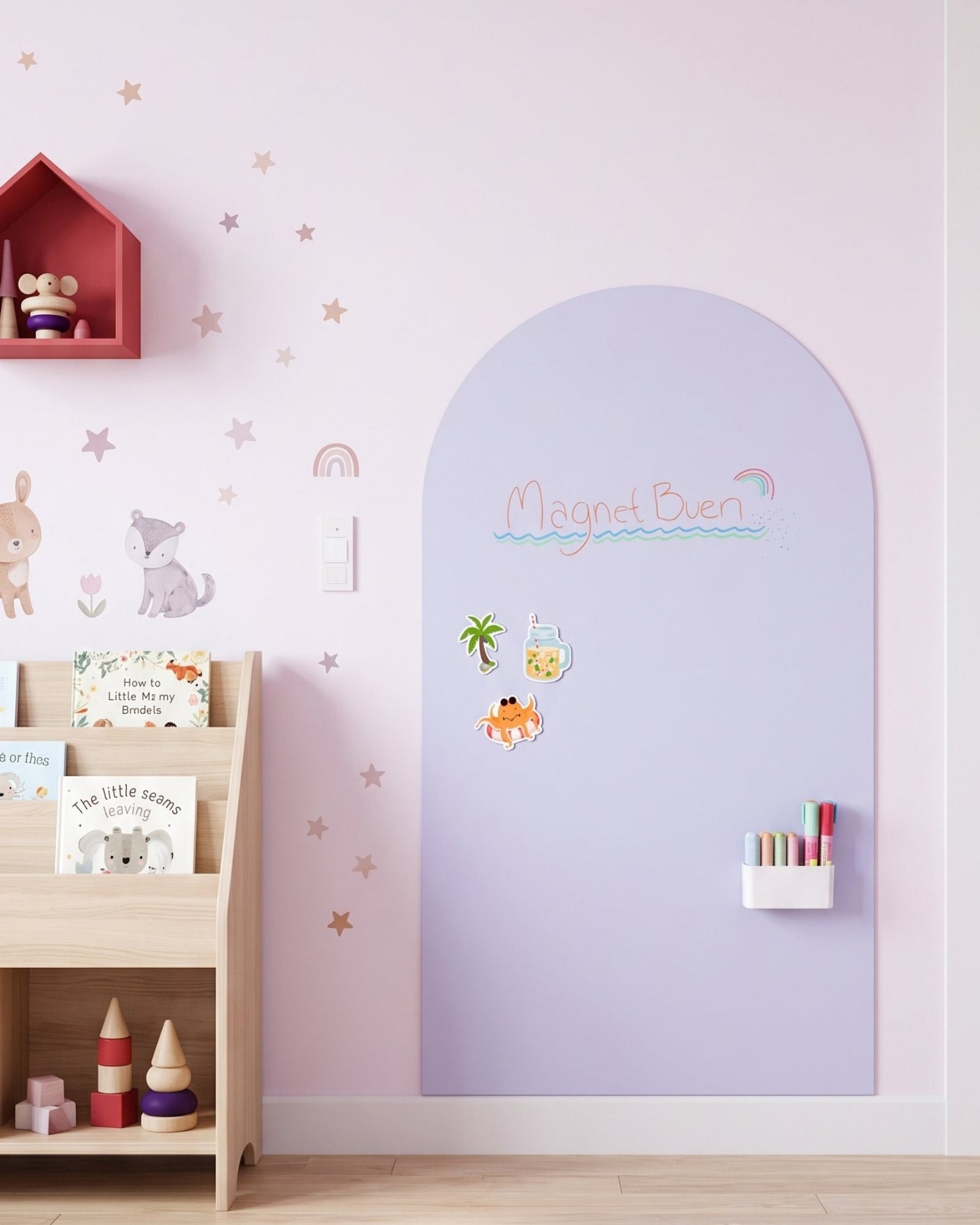MagneetBoog+ in LavendelDrøm (lichtpaars) met tekening, zomermagneten en magnetische houder met markers